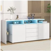 Merax Sideboard mit LED-Beleuchtung in Weiß Hochglanz (160 × 35 × 70 cm, Anrichte Buffetschrank), Wohnzimmermöbel Kommode mit großem Stauraum, 4 Schubladen & 2 Türen
