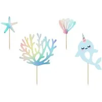 partydeco Tortenstecker, Kuchen Topper Narwal 10-15,5cm blau irisierend 4er Set