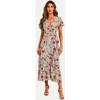 FS Collection Wickelkleid Damen Wickel Midikleid Sommerkleid V-Ausschnitt Engelsärmel festlich Creme und Weiß aus 100% Baumwolle - Beige aus 100% Viskose