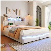 TavilaEcon Boxspringbett Polsterbett mit mit hydraulischem Bettkasten, LED & Steckdosen, Doppelbett 160x200cm, Bettkasten, USB-Typ-C-Anschluss, Beige