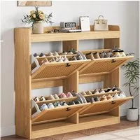 GarveeMore Schuhschrank aus Rattan mit 4 Klappschubladen für Eingangsbereich,Flur 105x23x96cm freistehender Schuhschrank aus Holz mit verstellbaren Einlegeböden