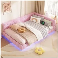 Flieks Polsterbett, LED Doppelbett Daybett Tagesbett Samt 140x200cm mit USB-Anschluss