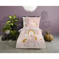 good morning Kinderbettwäsche Unilove, Renforcé, 2 teilig, Baumwolle, 135x200, Reißverschluss, Wende, Kind Mädchen, Einhorn, Rosa