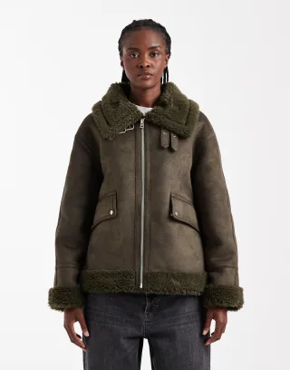 topshop - TSTILDA SHEARLING COLLAR JACKET OTW Khaki - Gr. - S