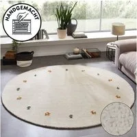 THEKO Wollteppich Gabbeh Motiv, Handgefertigt, Teppich, Tiermotiv, reine Wolle, rund, Höhe: 14 mm, reine Wolle, Wohnzimmer, Schlafzimmer, Esszimmer