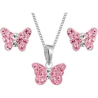 Goldene Hufeisen Schmuckset Rosa Schmetterling Anhänger Kette Ohrstecker 925 Silber Kristall (4-tlg, inkl. Etui), Kinder Geschenkset