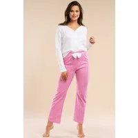 Mademoiselle Sommeil Pyjama Damen Schlafanzug mit weißem langarm Oberteil & langer Hose in pink 100% Baumwolle, V-Ausschnitt & Knopfleiste, Hose mit Streifen & Herzen