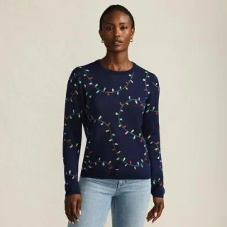 Feinstrick-Weihnachtspullover Lichterkette, Damen,  Blau, Baumwolle, by Lands' End