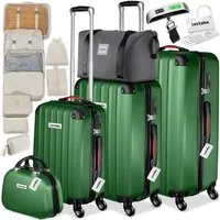 tectake Trolley Hartschalenkoffer-Set 19-teilig aus ABS-Kunststoff, Kofferwaage, 4 Rollen, TSA-Schloss, 360° drehbare, abnehmbare Rollen, mit Packwürfelset