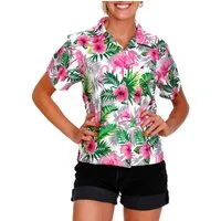 King Kameha Hawaiihemd Flamingo Flowers Funky Hawaiibluse Damen Kurzarm Front-Tasche Stylish