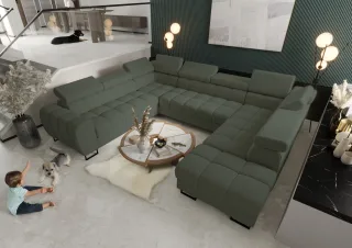 Wohnlandschaft Schlafsofa BASTIEN XL in Stoff Gemma Dunkelgrün Ottomane Rechts