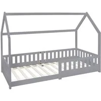 ML-DESIGN Spielbett Hausbett Kinderbett inkl. Lattenrost kreativ Bodenbett für Kinder, Abenteuerbett mit Rausfallschutz Kiefer Hellgrau Himmelbett Bettenhaus