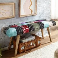 FINEBUY Polsterbank FB71800 Sitzbank Bettbank Samt 117 cm Patchwork Flurbank Bank (Stoff / Massivholz Bank 117x51x38 cm Retro), Bettbank Patchwork, Stoffbank Flurbank ohne Lehne