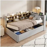 Merax Daybett mit Nachtlicht und USB-Anschluss (gepolstertes Kopfteil mit Regalen, 1 tlg), Schlafsofa 90x200cm mit hydraulischem Stauraum & Stauraumfächer