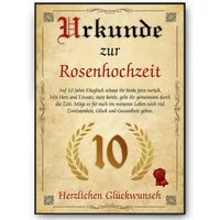 Tigerlino Poster Urkunde zum 10. Hochzeitstag Geschenk 10. Jahrestag Karte Ehepaar, Rosenhochzeit