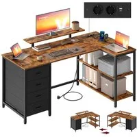 VASAGLE Schreibtisch L-förmiger Eckschreibtisch mit Steckdosen, Computertisch, Gaming-Tisch, verstellbare Ablagen, 4 Schubladen, 2 USB-Anschlüsse, 140 x 80 cm