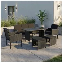 Home Collective Gartenlounge-Set Gartenmöbel Set 7-Sitzer Outdoor Sitzgruppe Möbel Lounge Polyrattan, (inkl. Esstisch mit gehärteter Glasplatte), 3-Sitzer Sofa, 2 Stühle, 2 Hocker Polyrattan Schwarz schwarze Kissen