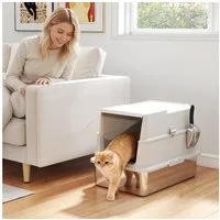 PawHut Katzentoilette Katzenklo aus Edelstahl mit Deckel, Streuschaufel, mit Deodorierungsbeutel, für Katzen bis 7 kg, Hellgrau
