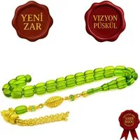 M-Punkt24 Kettenanhänger Tesbih Tespih (Grün, Yesil, Kapsül, 7x11mm, Kapsül, Gebetskette, Subha, Misbah, inkl. Etui), Vizyon Püskül Gold-Farbig