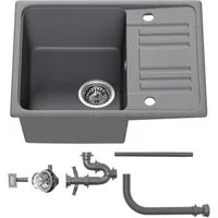 HOROW Granitspüle Küchenspüle Granit Siphon Einbauspüle Spülbecken, 57/45 cm, Vorgebohrt für eine Armatur Reversibel – Links oder Rechts montierbar, (Granit Siphon, mit Siphon Ab- und Überlaufgarnitur), mit Siphon Ab- und Überlaufgarnitur