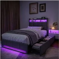 Furnishings Home Polsterbett 90x200 cm, LED Stauraumbett Jugendbett (1-tlg., Leinenmaterial, Komforthöhe, Leises Design Bett), Mit Ladefunktion und 2 Schubladen LED-Beleuchtung Einzelbett