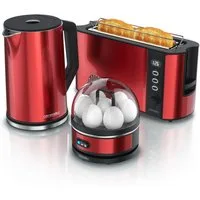 Arendo Frühstücks-Set Edelstahl Wasserkocher 1,5l, Eierkocher 7 Eier, 4-Scheiben Toaster rot (3-tlg), Langschlitz Brötchenaufsatz, Wasserkocher Temperatureinstellung