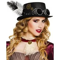 Boland Kostüm Flacher Steampunk Zylinder mit Brille, Filzzylinder mit Messing-Deko, Feder und Steampunk-Brille
