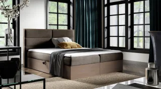 Boxspringbett Bett LAMBROS 180x200cm Dunkel Eiche Stoff Braun inkl. Bettkasten