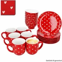 MamboCat Frühstücks-Geschirrset MamboCat Love 18tlg Frühstücksset rot weiß Teller Becher Schalen Herz, Porzellan