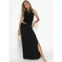 SASSYCLASSY Maxirock Maxi Musselin Rock mit Schlitz für Damen Maxirock aus Baumwolle mit elastischem Bund Schwarz Leo Taupe Pink