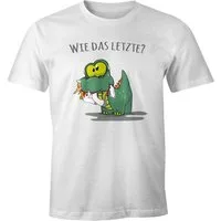 MoonWorks Print-Shirt Herren T-Shirt Fun Motiv kleiner Dino frisst Einhorn Spruch "Wie das Letzte?" Fun-Shirt lustig Moonworks® mit Print