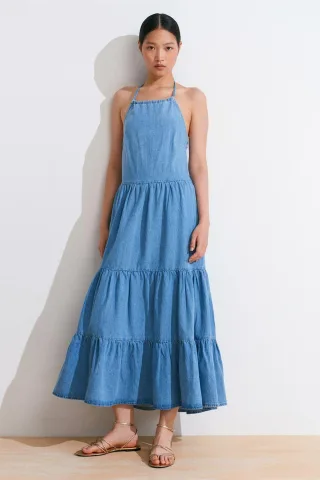 Damen Baumwoll-Denim-Midikleid