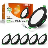 ALUSSO LED Einbaustrahler 6er-Set, Decken Leuchte, Flach Strahler für Bad, Wohnzimmer, 230V, 7W, 90-100 mm, Rund, Schwarz