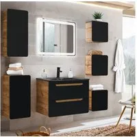Lomadox Badmöbel-Set NEW-LUTON, (Spar-Set, 7-St), Eiche 80 cm Keramik Waschtisch LED-Spiegel 180/195/46 cm