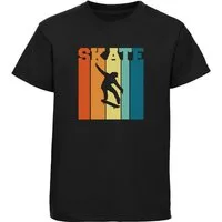 MyDesign24 T-Shirt Kinder Print Shirt Skateboarder vor Retro Farben und Skate Schriftzug Bedrucktes Jungen und Mädchen Skater T-Shirt i546
