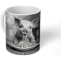 MuchoWow Tasse Schwein - Niedlich - Spaghetti - Schwarz und weiß - Tier, 1-tlg., Keramik, Kaffeetassen, Teetasse, Becher, Kaffeebecher, Geschenk