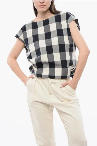 Ärmellose Bluse aus Baumwolle mit Gingham-Muster und Kordelzug in Weiß, Blau und Grau