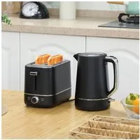 HOMCOM Toaster Wasserkocher Set 2200 W 1,7L Wasserkocher, 2 Scheiben Toaster, 2 Schlitze, für 2 Scheiben, 2200 W, Wasserkocher und Toaster mit 6 Bräunungsstufen, Stahl, Schwarz