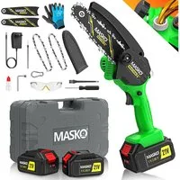 MASKO Akku-Kettensäge Mini Kettensäge 800W Elektrische Motorsäge mit Automatischem Ölsystem, Inkl. Koffer, 2x 4000mAh Akkus, 2x extra Ersatzketten & Handschuhe, 8000mAh Handkettensäge für Astschnitte & Holzarbeiten