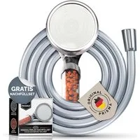 PRISMA Handbrause Wassersparender Filter Duschkopf mit Schlauch • MADE IN GERMANY, (PRISMA Duschkopf mit Brauseschlauch & Minerasteinen zum Nachfüllen), Wassersparend, 3 Strahlearten, Filterdusche