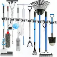 AKKEE Wandhaken Besenhalterung Wand mit 5 Regale, 4 Haken Gartengerätehalter, Besenhalter Wandmontage Edelstahl Mopp Organizer