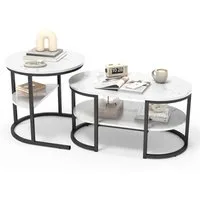 FUROKOY Couchtisch 2er-Satztisch Beistelltisch stapelbarer Sofatisch (Runder Tisch Oval,Marmoroptik,mit Ablagebode,Weiß-Schwarz), 80x46x41cm+52x52x51cm