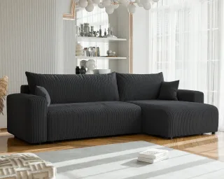 Ecksofa mit Schlaffunktion LUNA MAX in Stoff Poso Dunkelgrau Ottomane Rechts