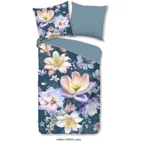 Descanso Wendebettwäsche Mirery, Renforcé, 2 teilig, Satin, Reißverschluss, Paspel, Biese, Wendeoptik, Luxe, Blumen, Petrol
