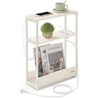 VASAGLE Beistelltisch schmal, Nachttisch, für Wohnzimmer, Schlafzimmer, 18 x 45 x 58 cm, mit Ladefunktion, Couchtisch, 3 Ablagen, cremeweiß