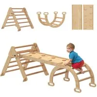 AIYAPLAY Klettergerüst mit Rutsche, Bogen, (faltbar Holz Kletterdreieck, 1-St., 5-in-1 Montessori Indoor Spielplatz), für Kinder von 1,5-4 Jahre, Naturholz