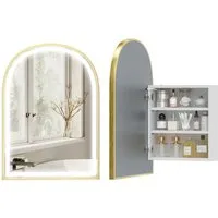 BAYMATE Spiegelschrank Badezimmer-Wandschrank mit Spiegel und LED-Beleuchtung, Bogentür (beschlagfrei, 50 x 14,5 x 70 cm, gold)