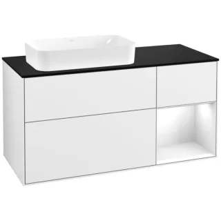 Villeroy und Boch Finion Waschtischunterschrank F282GFGF 120cm, Abdeckplatte black matt, Regal rechts Glossy white lacquer, Glossy white lacquer
