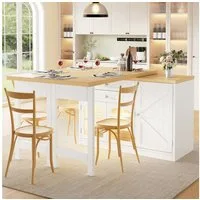 Flieks Kücheninsel Küchenschrank mit 360° drehbarer Esstisch, klappbarer Arbeitsplatte, (Holzoptik Tischplatte Tiefe 40-80cm, Längenverstellbar 120-194cm), ausziehbar Arbeitstisch&Mehrzweckschrank mit LED-Beleuchtung Weiß