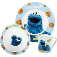 United Labels® Frühstücks-Geschirrset Sesamstraße - Krümelmonster - Set, 3-tlg., 1 Personen, Porzellan